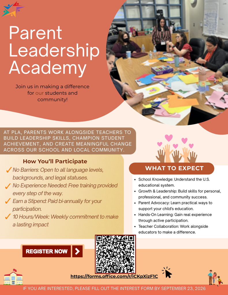 Flyer for Parent Leadership Academy: diverse parents collaborate at a colorful table; lists benefits, expectations, dates, and QR code to register.