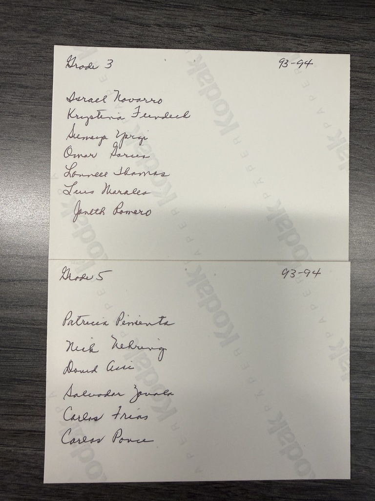 Handwritten roster on cream paper lists names under “Block 3” and “Block 5,” dated 93–94, resting on a dark wood table.