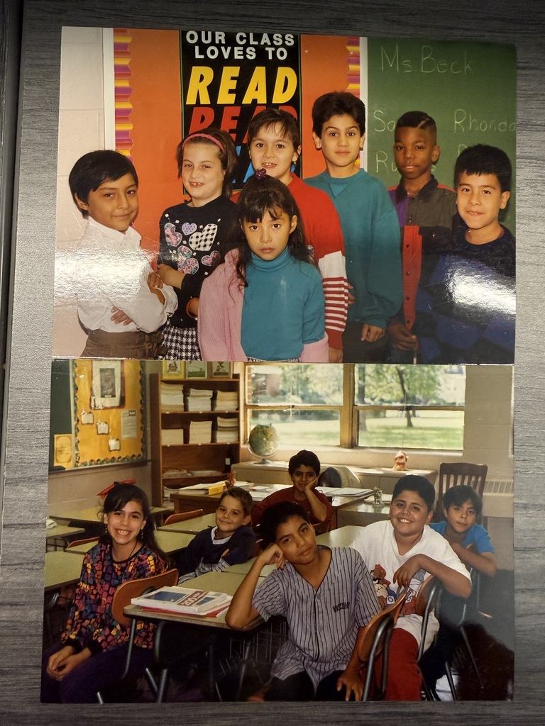 Collage of diverse elementary students smiling in a classroom, with a “Our Class Loves to Read” poster, desks, books, and chalkboard.