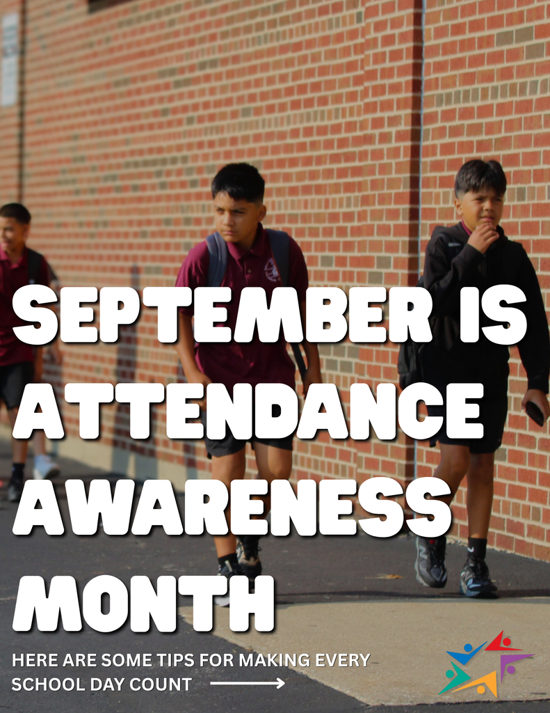 Students walk past a brick school wall as bold text reads “September Is Attendance Awareness Month,” promoting daily school attendance.