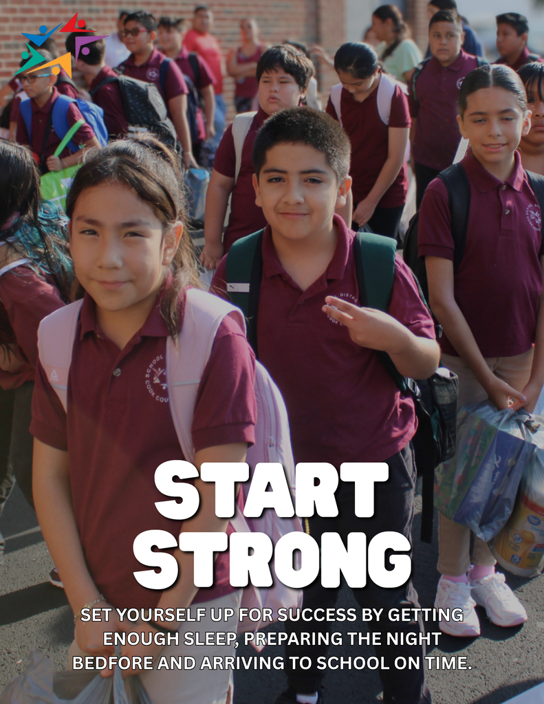 Schoolchildren in burgundy uniforms walk together, smiling with backpacks; bold text reads “START STRONG,” promoting punctual school arrival.