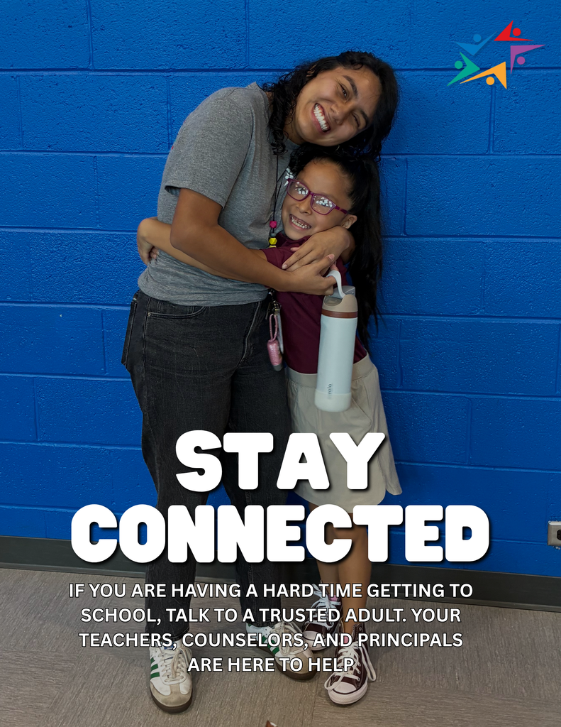 Two smiling students hug against a blue wall, with “STAY CONNECTED” and supportive school counselor text conveying warmth and reassurance.