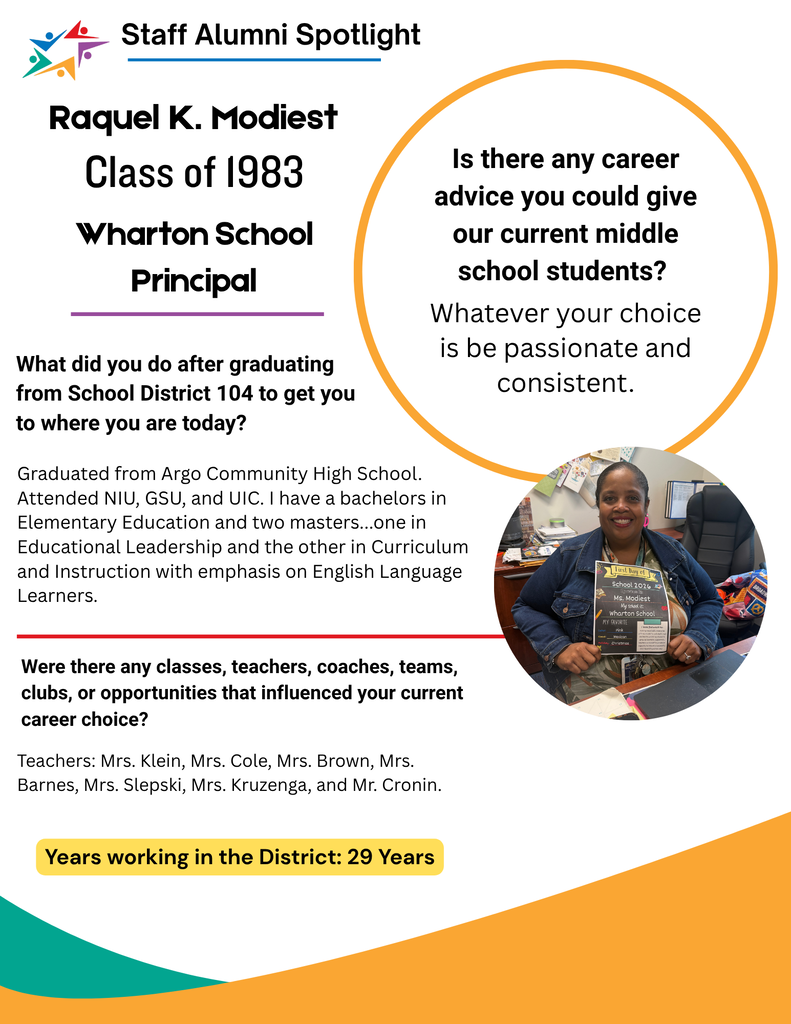 Staff Alumni Spotlight features Raquel K. Modiest, Class of 1983 and principal, sharing encouraging advice to be passionate and consistent.
