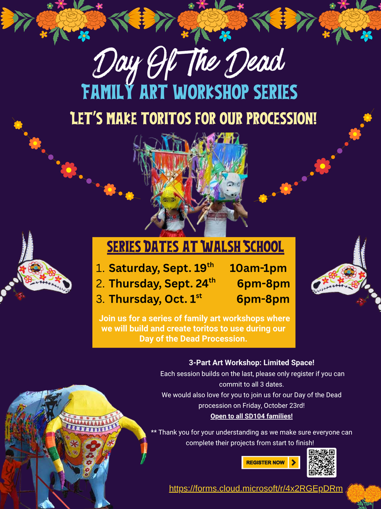 Colorful Día de los Muertos flyer for a family art workshop: marigolds, masks, alebrije figures, dates, and registration on a dark purple background.