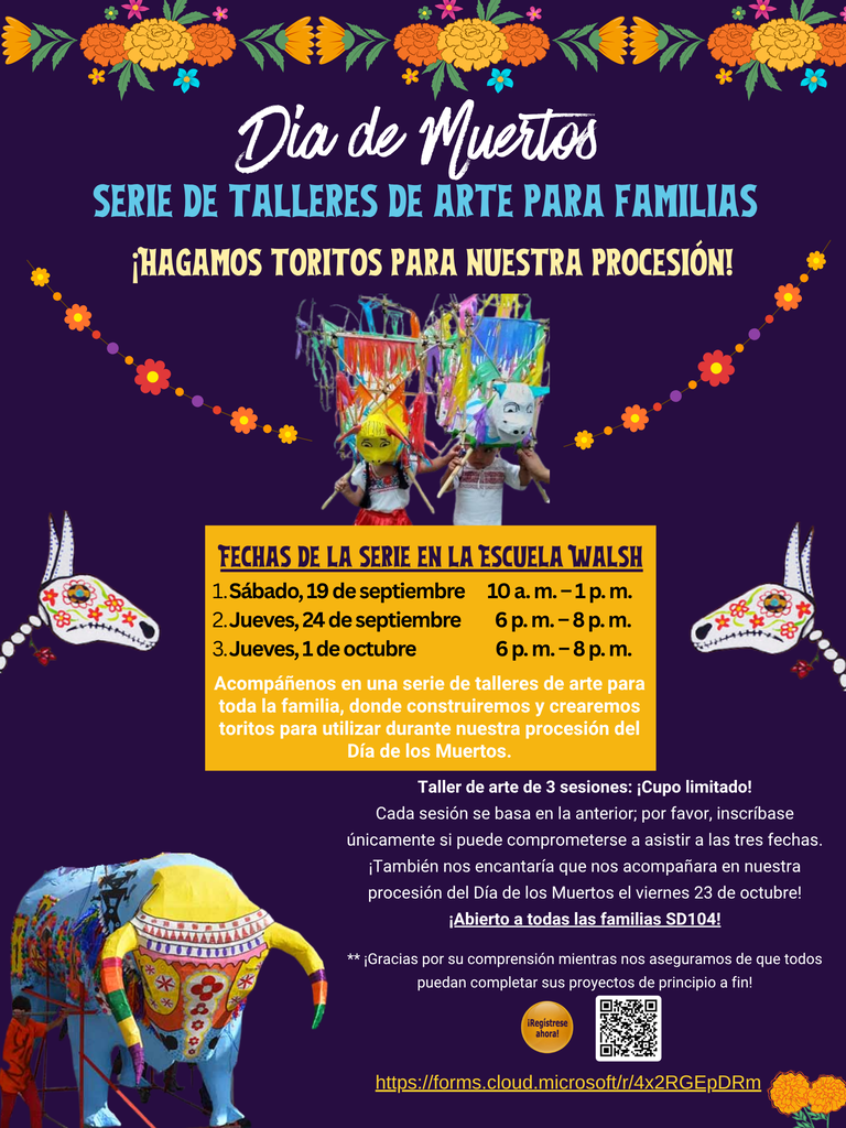 Cartel colorido de Día de Muertos anuncia talleres familiares en la escuela Walsh, con máscaras de calaveras, alebrijes y tono festivo.