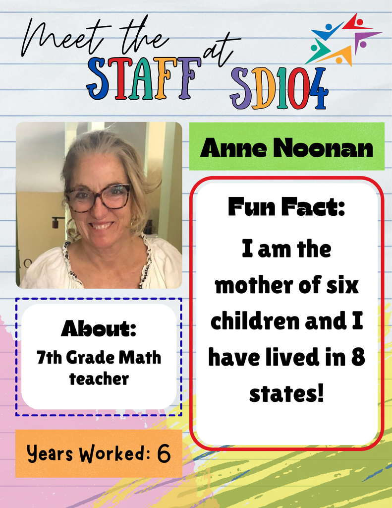 Colorful “Meet the Staff” graphic featuring math teacher Anne Noonan, her portrait, and facts: mother of six, lived in eight states.