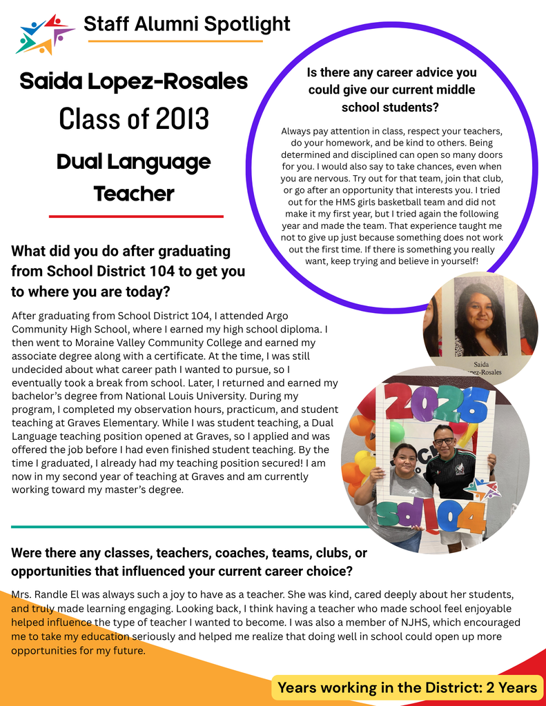 Staff Alumni Spotlight features Saida Lopez-Rosales, Class of 2013, a dual-language teacher, with career advice, photos, and school memories.