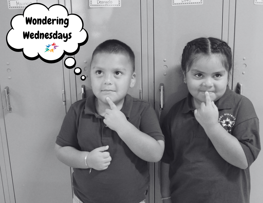 Black-and-white photo of two children posing thoughtfully with fingers on their chins beneath a “Wondering Wednesdays” thought bubble.