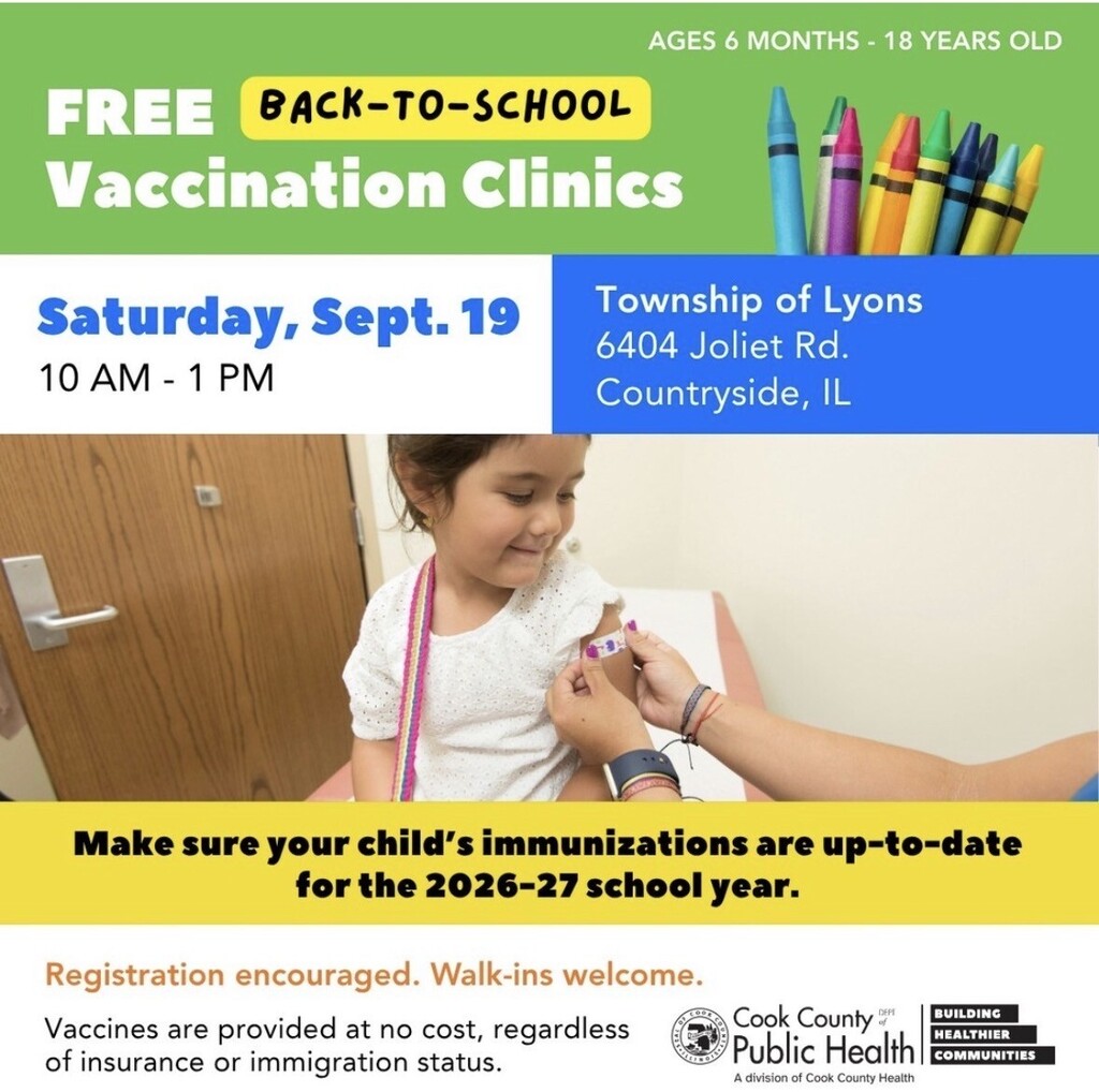 Flyer for free back-to-school vaccination clinics for ages 6 months–18, showing a child receiving a shot on Sept. 19 in Countryside, Illinois.