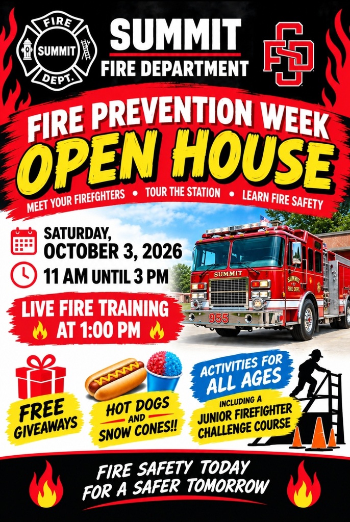 Summit Fire Department Fire Prevention Week Open House flyer: Oct. 3, 2026, 11 AM–3 PM, fire truck, live training, giveaways, and family activities.
