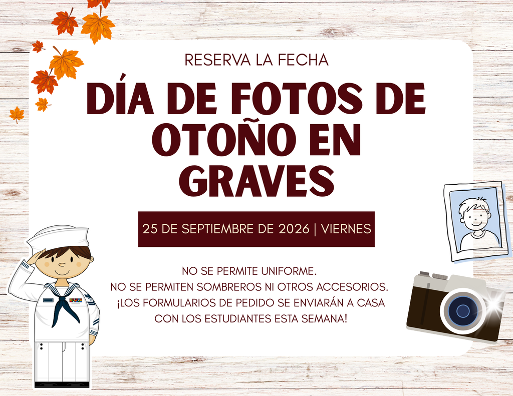 Cartel escolar sobre fondo de madera con hojas otoñales, estudiante y cámara: anuncia fotos de otoño en GRAVES el 25/09/2026, sin uniforme.