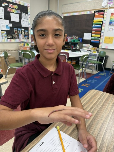 Student in a maroon polo sits at a classroom desk with a pencil and worksheet, smiling calmly as colorful learning displays fill the background.