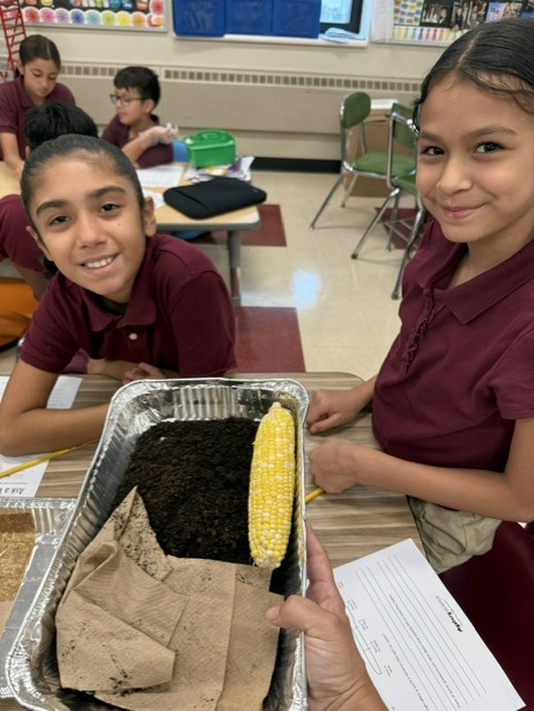 Two smiling schoolgirls display a classroom science project with soil, corn, and fabric in a foil tray, creating a cheerful, hands-on mood.