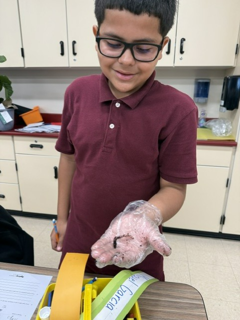 Smiling boy in glasses and a maroon shirt holds a pink, glittery craft figure in a clear glove during a classroom activity.
