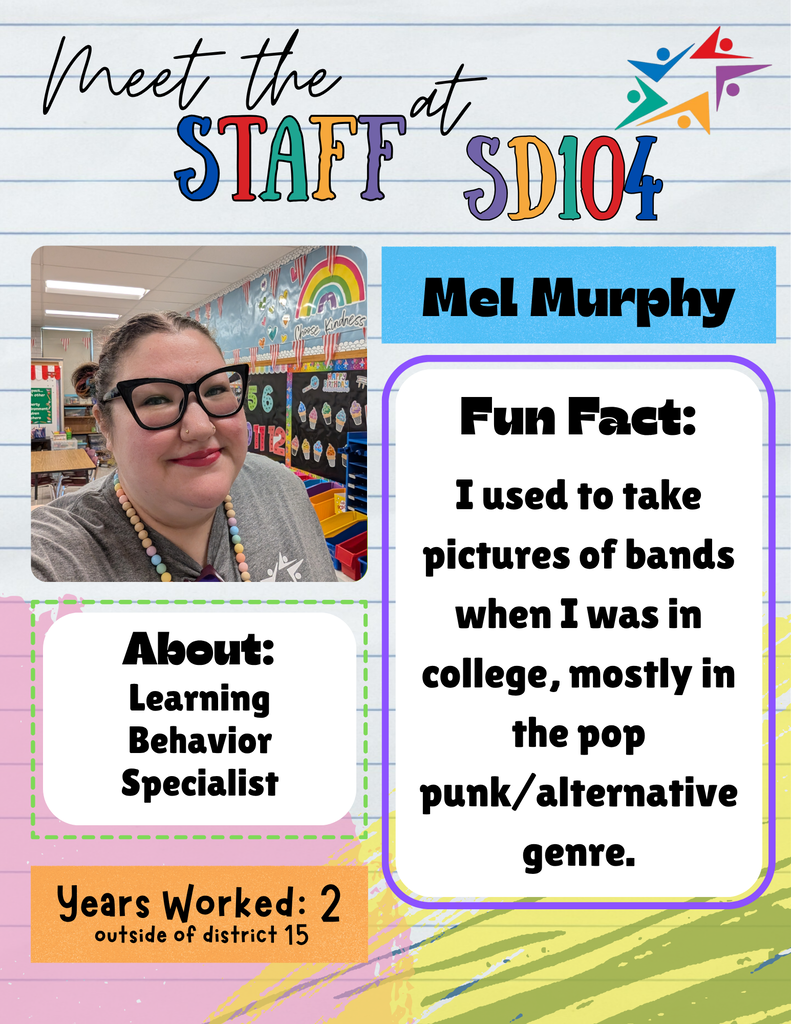 Meet the Staff graphic introducing Mel Murphy, a Learning Behavior Specialist, with her photo and a fun fact about photographing pop punk bands in college.