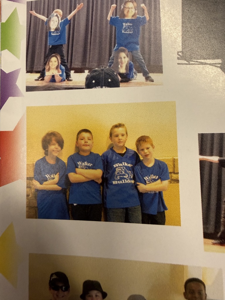 Photo collage of children in matching blue “Walker Bulldogs” shirts, posing proudly and playfully in group photos with cheerful, energetic expressions.