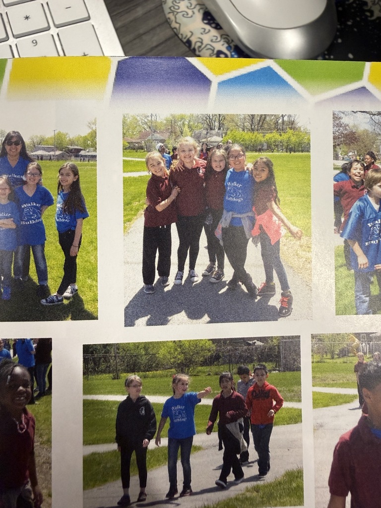 Photo collage of smiling schoolchildren posing and walking outdoors on a sunny day, bordered by colorful geometric shapes, conveying friendship and joy.