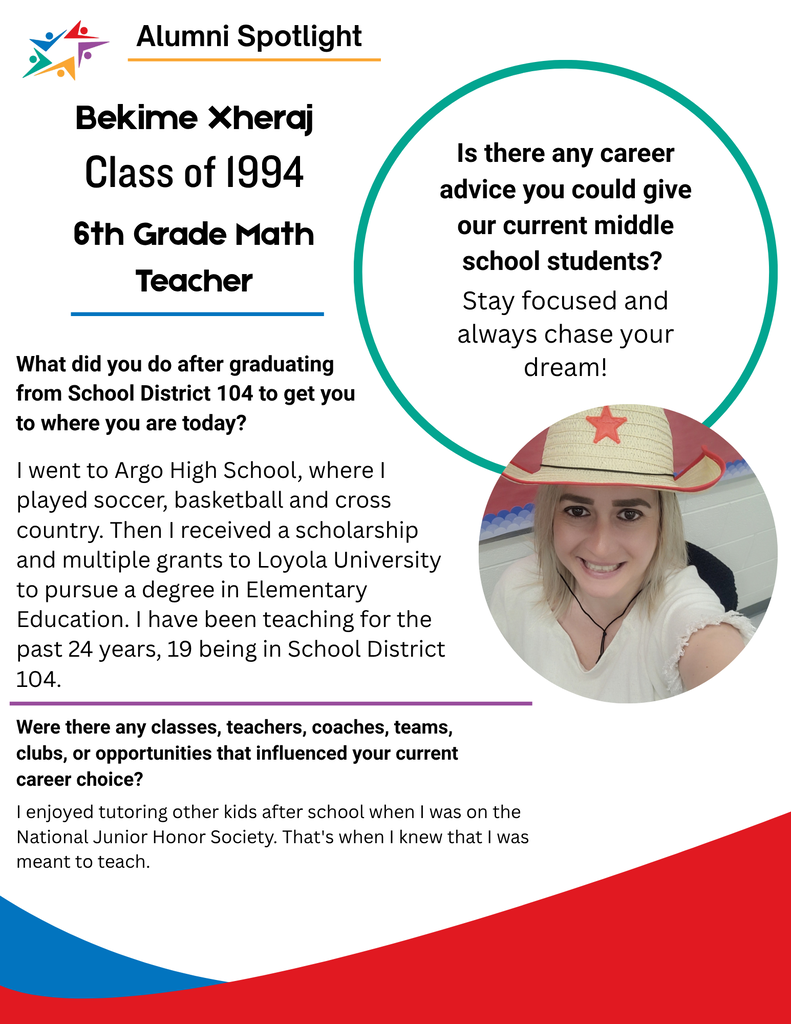 Alumni Spotlight infographic: Bekime Xherqi, Class of 1994 and sixth-grade math teacher, smiles in a cowboy hat beside her career advice.