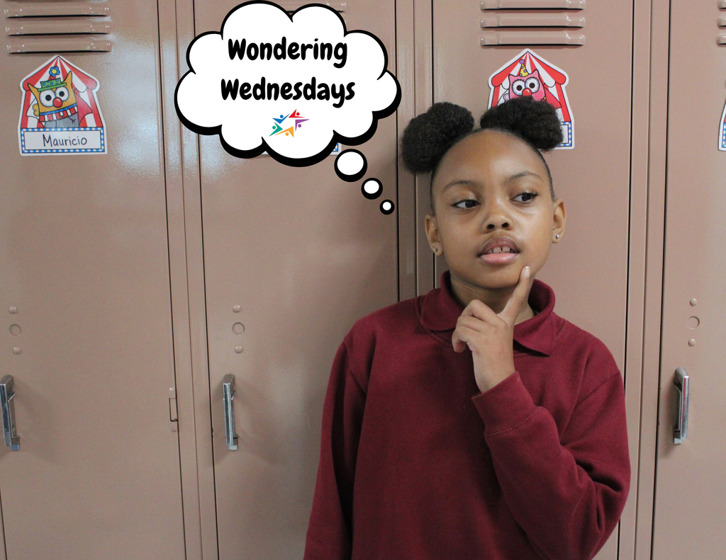 Student in a maroon sweatshirt poses thoughtfully by school lockers, with a “Wondering Wednesdays” thought bubble overhead, creating a curious mood.