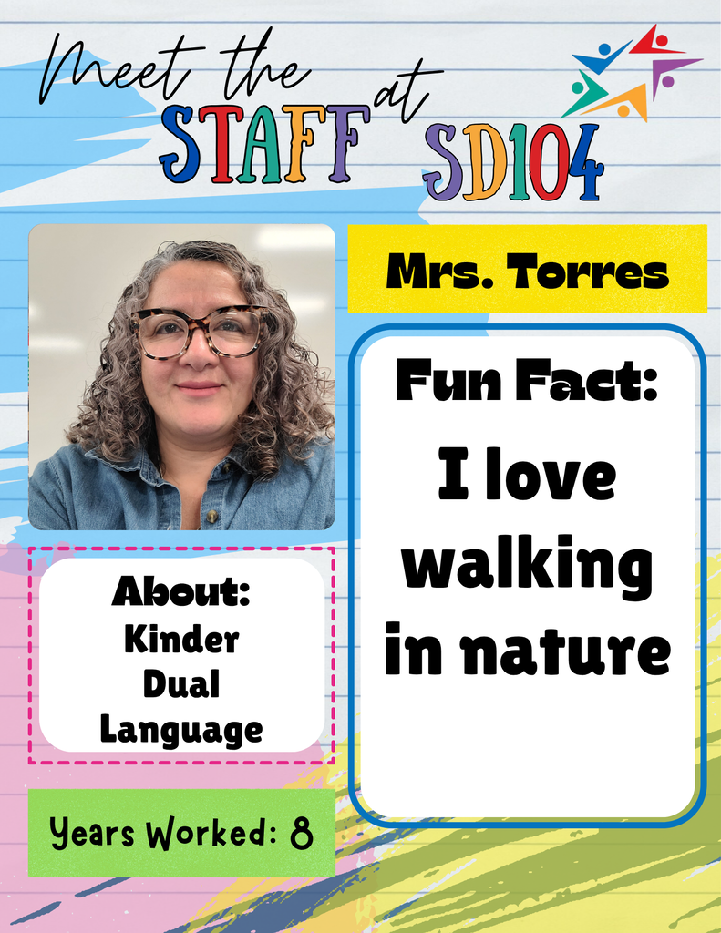Colorful classroom poster introducing Mrs. Torres, a smiling teacher with glasses. It says she teaches kindergarten dual language, has worked eight years, and loves walking in nature.