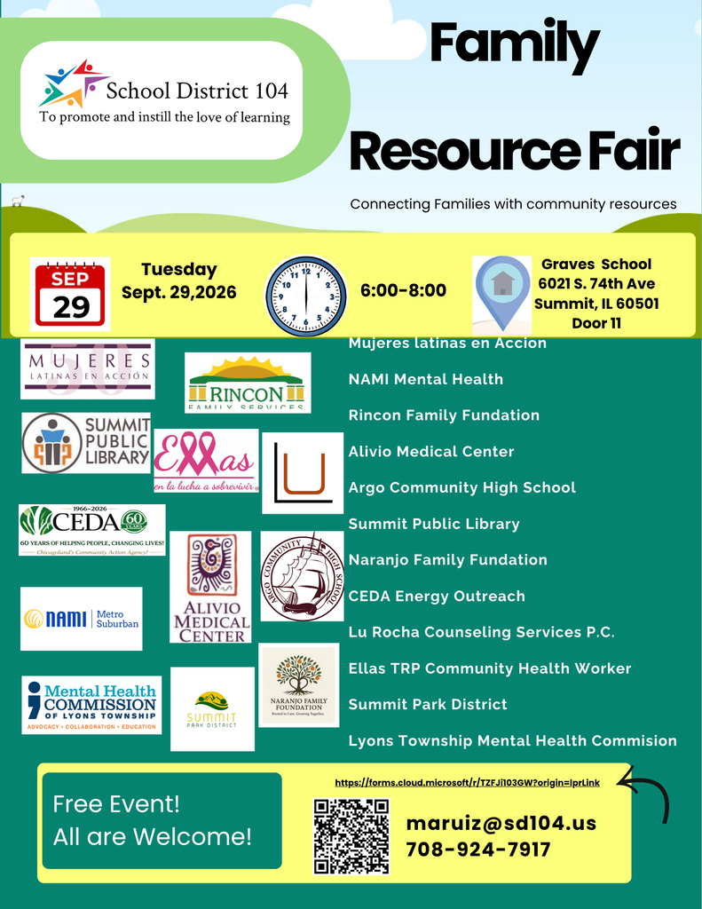 Flyer for the School District 104 Family Resource Fair on Tuesday, September 29, 2026, with free admission, event details, location, and community partner logos.