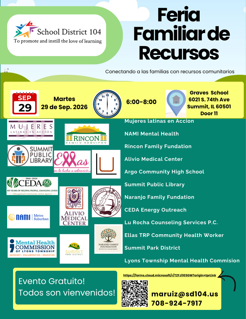 Spanish flyer for “Feria Familiar de Recursos,” a welcoming, free family resource fair on Sept. 29, 2026, 6–8 p.m. at Graves School in Summit, Illinois.