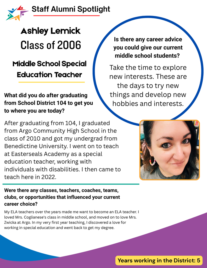 Staff Alumni Spotlight featuring Ashley Lemick, a middle school special education teacher and Class of 2006 graduate. A blue-bordered quote encourages students to explore new interests; her portrait and purple-and-blue waves create a warm, celebratory tone.