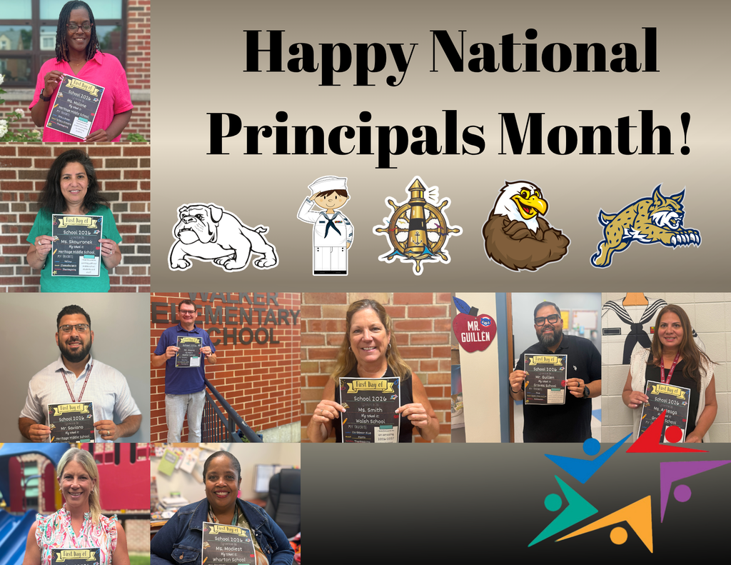 Happy National Principals Month!” collage of school principals holding awards, with school mascots and colorful celebratory graphics. The tone is warm and appreciative.