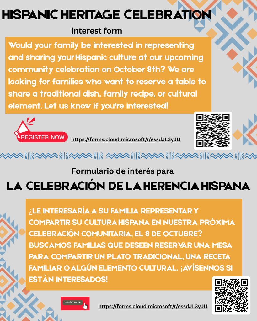 Bilingual Hispanic Heritage Celebration interest-form flyer with orange English and Spanish text panels, QR codes, registration links, and colorful geometric motifs; welcoming tone.