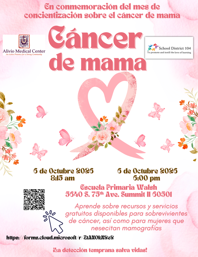 Spanish breast cancer awareness poster featuring a pink ribbon shaped like a heart with flowers, event dates and times, school and medical center details, and a QR code; hopeful, supportive tone.