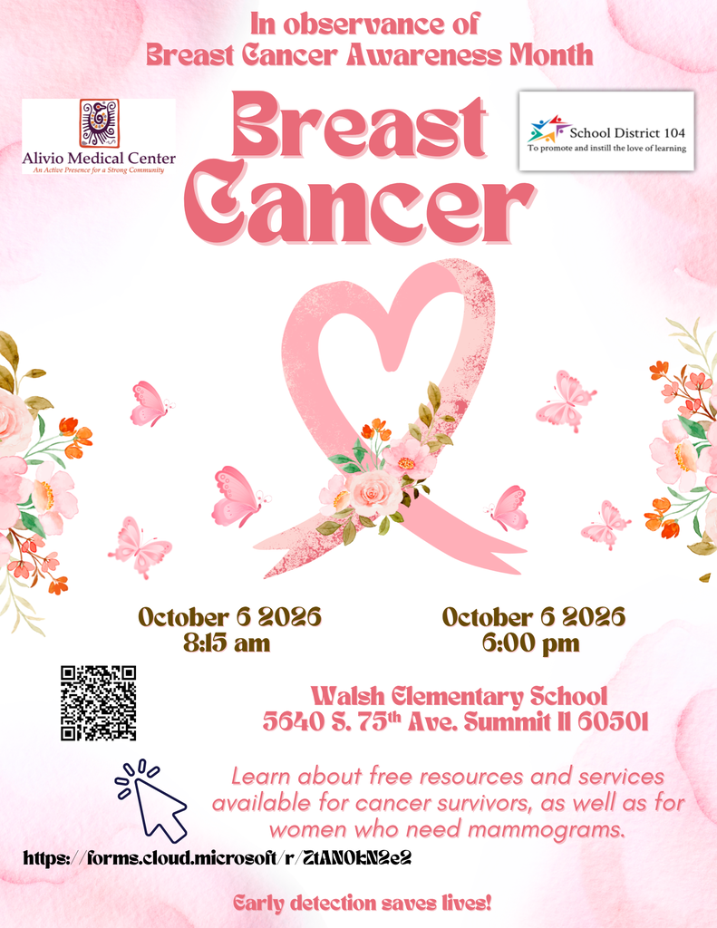 Pink breast cancer awareness flyer with a floral ribbon-heart, Oct. 6, 2026 event times at Walsh Elementary, QR code, and hopeful early-detection message.