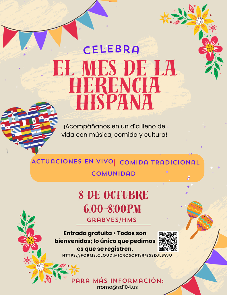 Cartel festivo del Mes de la Herencia Hispana, con corazón de banderas, flores y maracas; anuncia música, comida y comunidad el 8 de octubre.