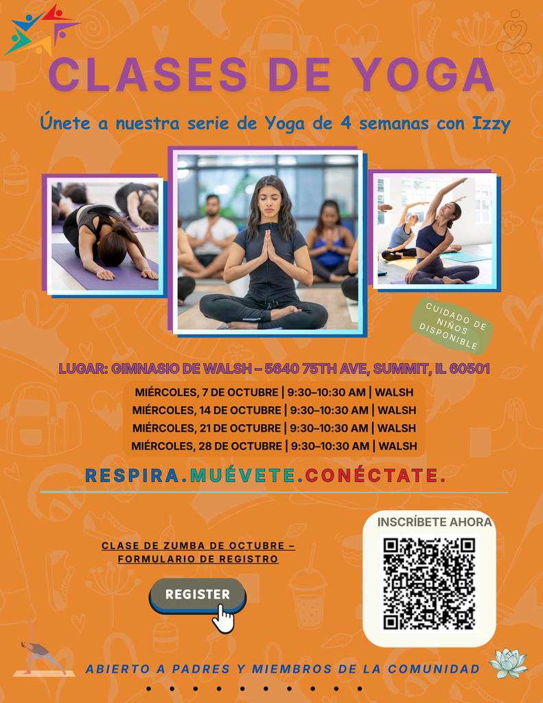 Orange Spanish yoga-class flyer with three photos of women in yoga poses, promoting four weeks of classes with Izzy in Wals, Summit. Dates, registration button, and QR code invite sign-up.