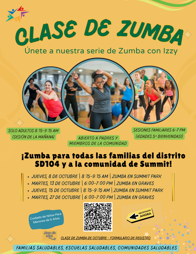 Volante alegre de clases de Zumba para familias y comunidad en Summit: fotos de baile, horarios por edad, fechas de octubre, ubicación y código QR.