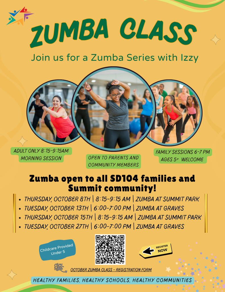 Colorful flyer for Zumba classes, featuring adults and children dancing. It invites families to sessions in October at Summit Park and Graves, with times, registration QR code, and a cheerful community tone.