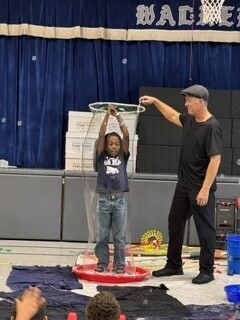A science demonstration shows a student standing in a red basin, arms raised as an instructor pours water around them, with a blue curtain behind them.