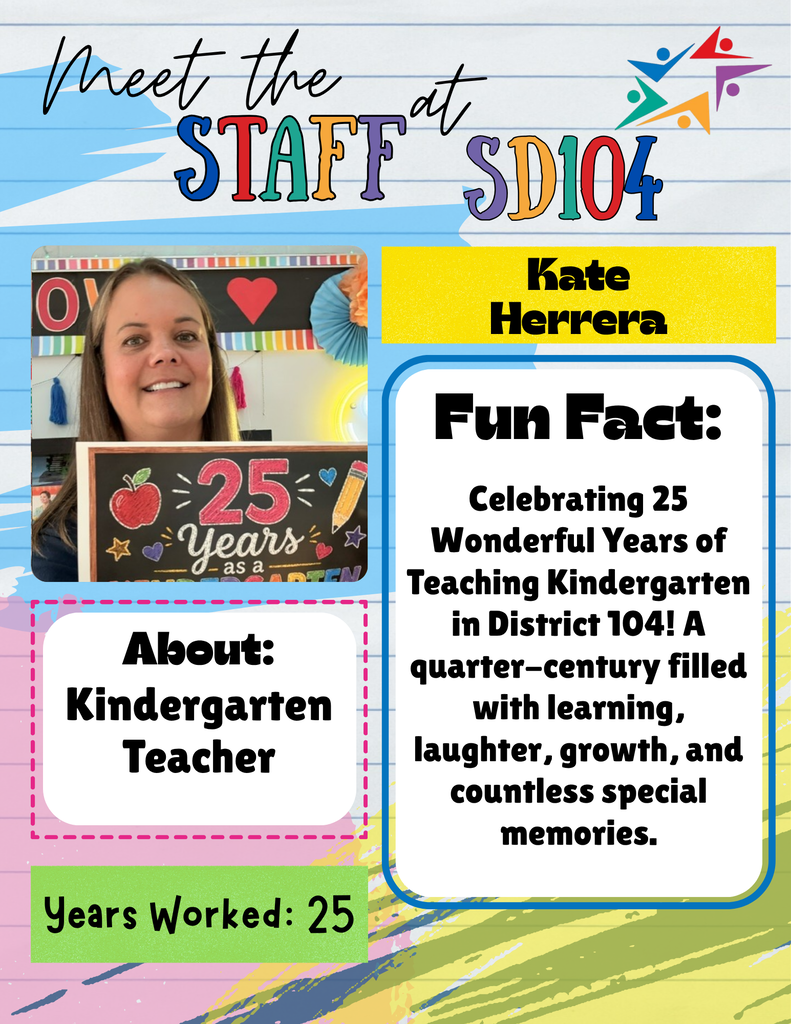 Meet the Staff: a colorful school poster featuring kindergarten teacher Kate Herrera, her smiling portrait, and 25-year work anniversary, with a celebratory message.