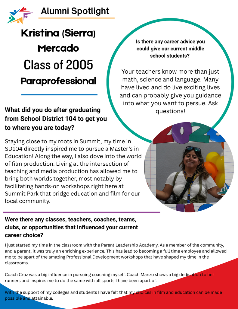 An alumni spotlight infographic features Kristina Mercado, Class of 2005, a paraprofessional. A teal-outlined circle presents career advice beside her photo; sections below describe her path from teaching to film education. The tone is encouraging and community-focused.
