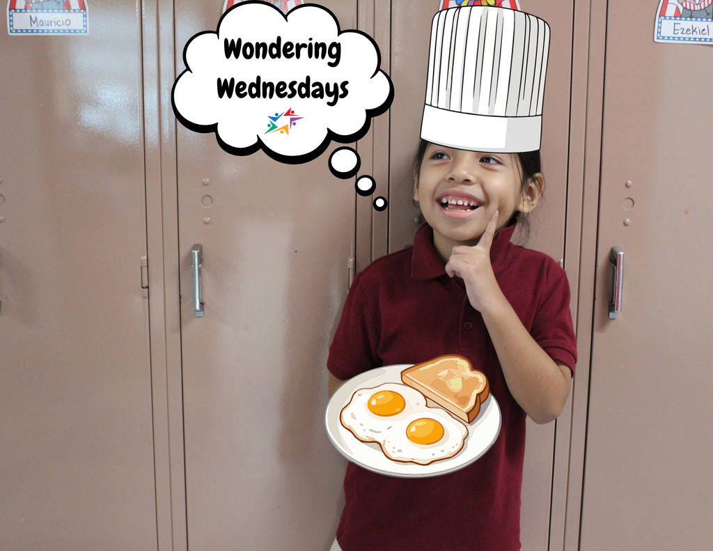 A smiling child in a red shirt poses before classroom lockers, wearing a cartoon chef hat beside eggs and toast; “Wondering Wednesdays” feels playful.