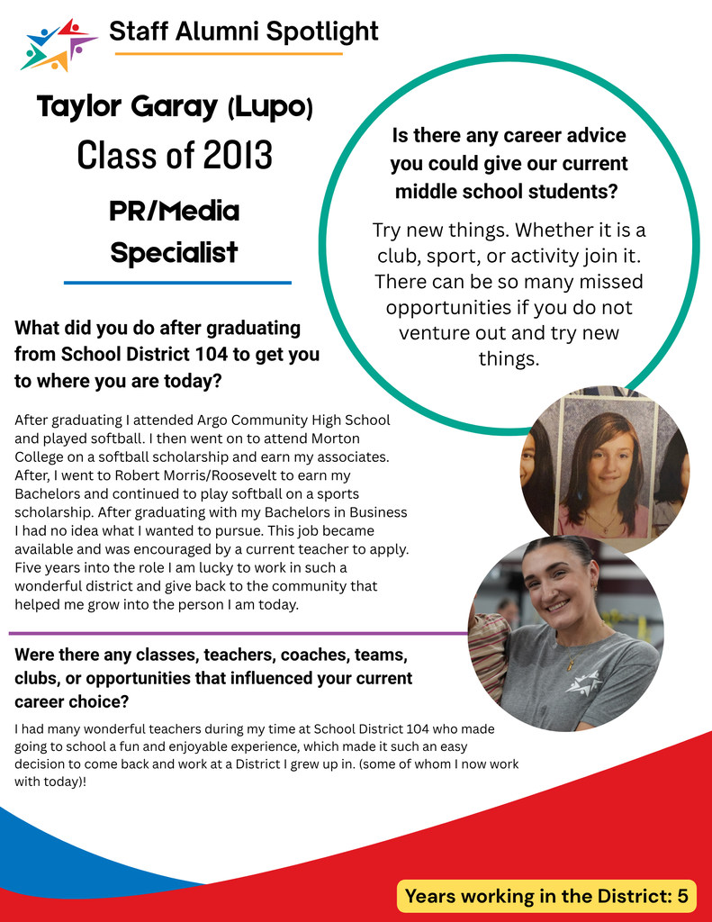 “Staff Alumni Spotlight” for Taylor Garay (Lupo), a 2013 graduate and PR/media specialist, features career advice and a personal story beside two circular photos. The red, blue, and teal design feels upbeat and encouraging.