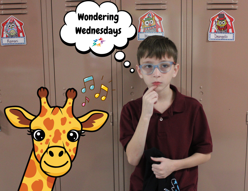 A boy in glasses thoughtfully touches his chin beside a cheerful cartoon giraffe and musical notes; a “Wondering Wednesdays” bubble conveys curiosity.