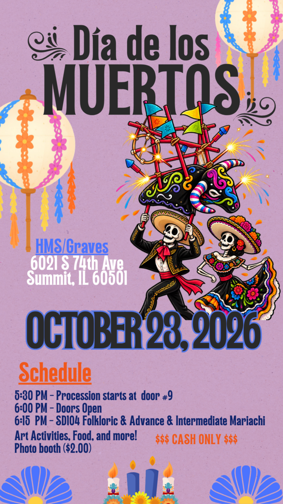 Colorful Día de los Muertos poster shows dancing skeletons, marigolds, and papel picado, promoting a festive October 23, 2026 celebration in Summit, Illinois.
