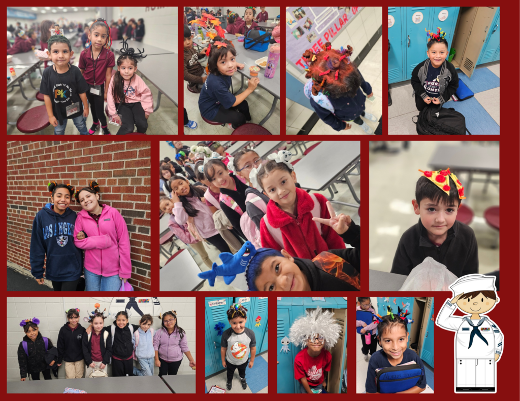 A collage of children in colorful costumes and everyday clothes smiling, posing, and playing at school, including a child in a large white wig; cheerful, playful mood.