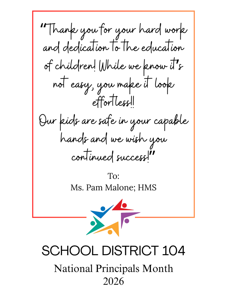 A school district poster thanks Ms. Pam Malone for her dedication to children, calling her work effortless and wishing her continued success; warm, appreciative tone.