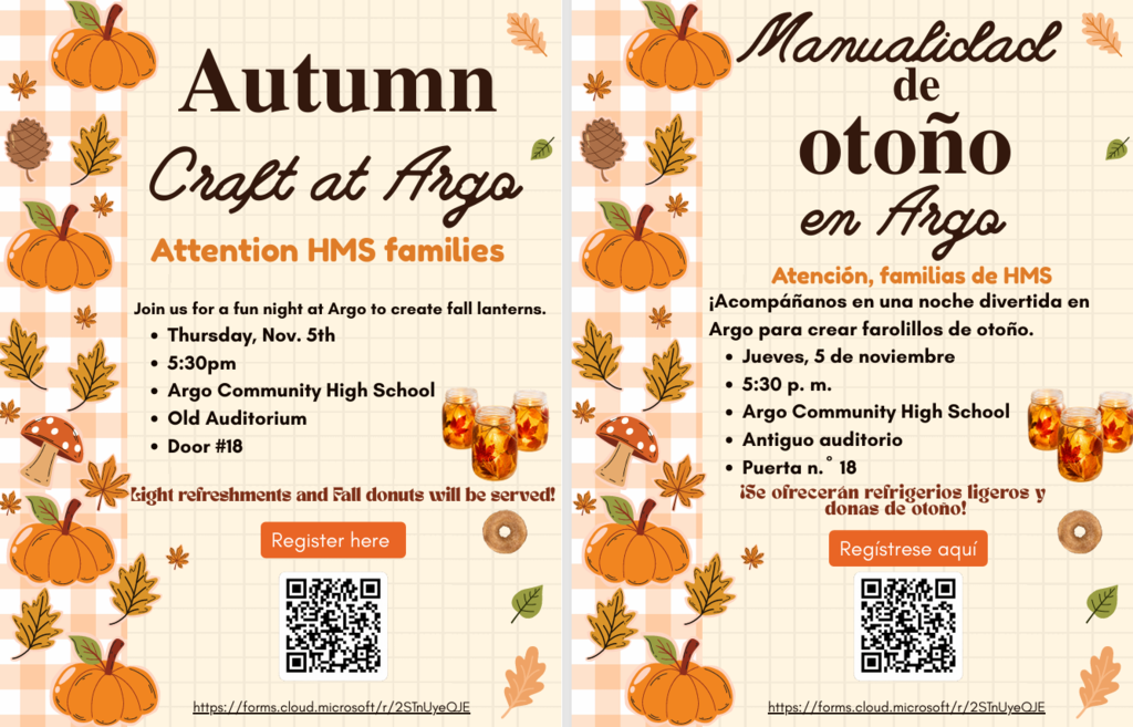 Bilingual autumn craft-night flyer with pumpkins, leaves and mushrooms, advertising a lantern-making event at Argo High School on November 5, with RSVP QR codes.
