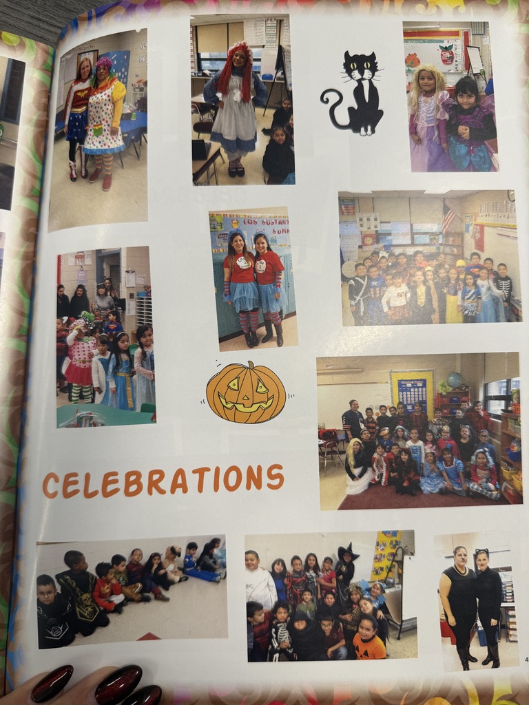 A scrapbook page titled “Celebrations” shows children in colorful costumes and group photos, decorated with a black cat and pumpkin; the mood is cheerful.