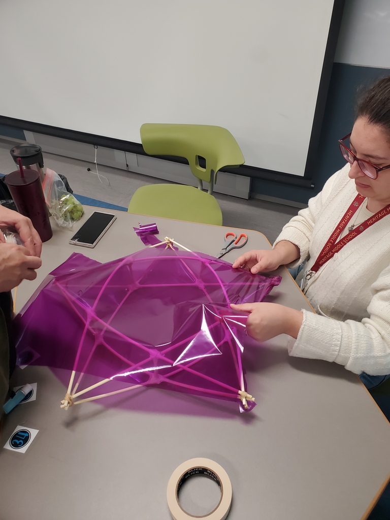 A woman and another person assemble a geometric structure with wooden sticks and shiny purple plastic on a classroom table, suggesting a hands-on design activity.
