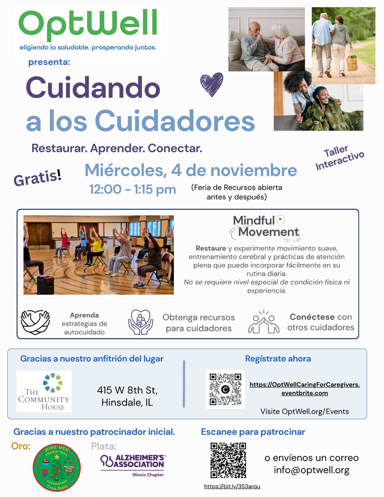 Spanish OptWell flyer for a free, welcoming caregiver workshop on Nov. 4, featuring Mindful Movement, photos, venue, and registration details.