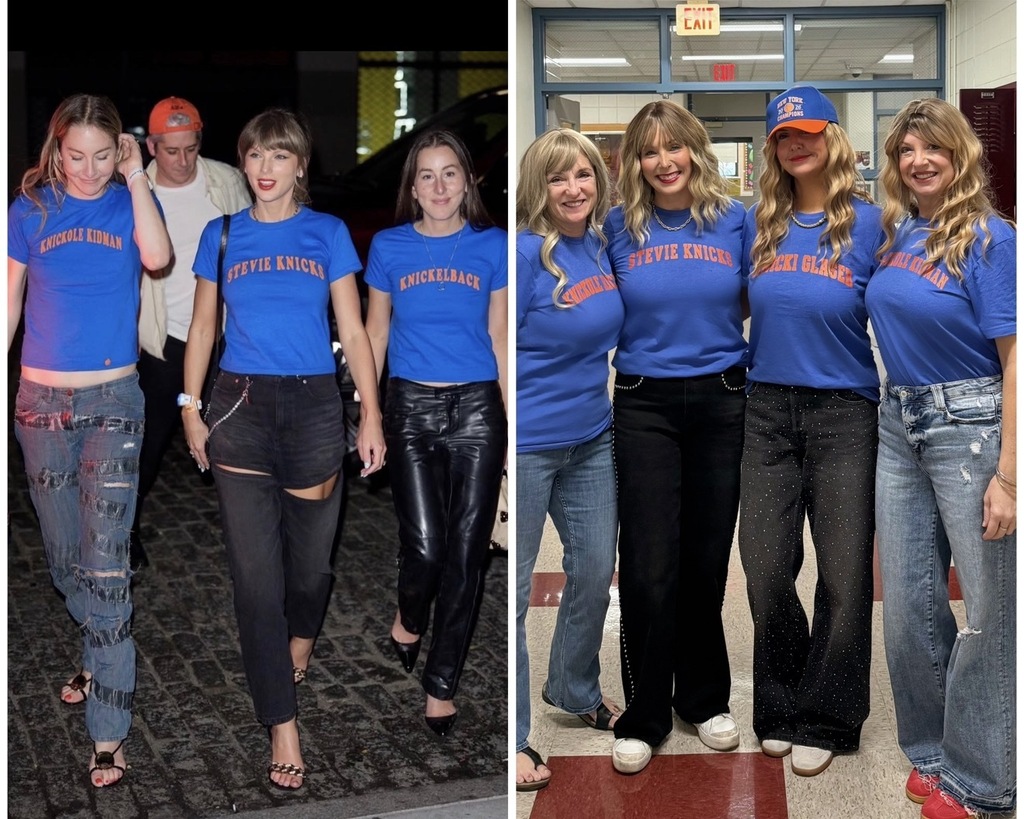 Side-by-side photos show women wearing blue “Stevie Nicks” shirts: young fans walking backstage at left, and smiling women posing together indoors at right.