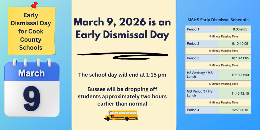 March 9, 2026 Early Release for Cook County Schools. Shows early dismissal schedule for middle and high school